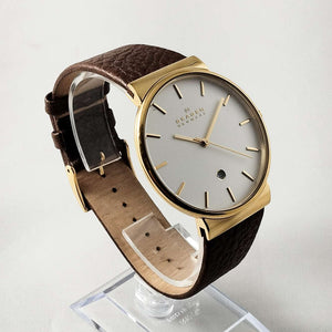 Skagen Men's Oversized Stainless Steel Watch, White Dial, Gold Tone Details, Brown Leather Strap