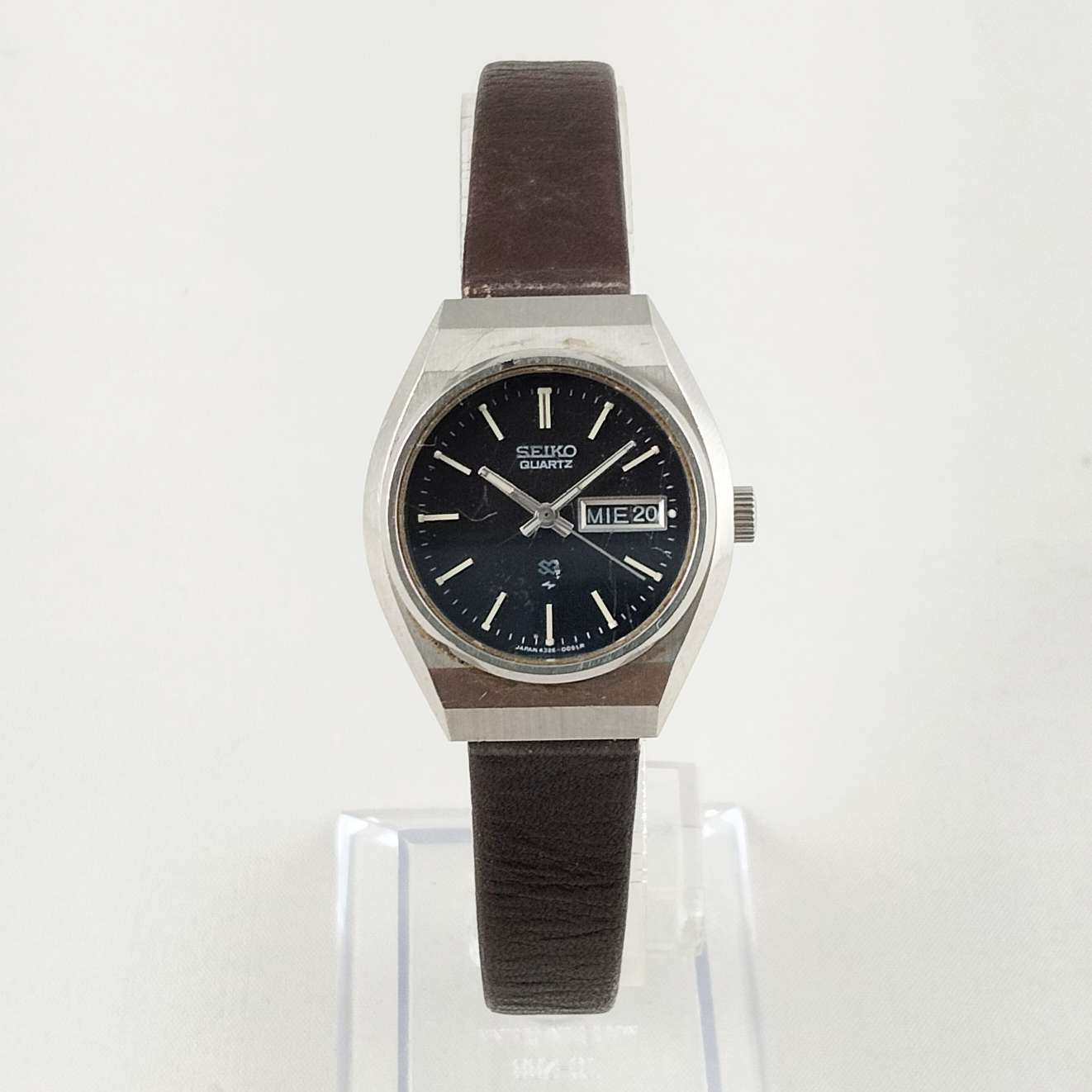 Seiko Unisex Watch, Black Dial, Dark Brown Leather Strap