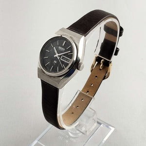 Seiko Unisex Watch, Black Dial, Dark Brown Leather Strap