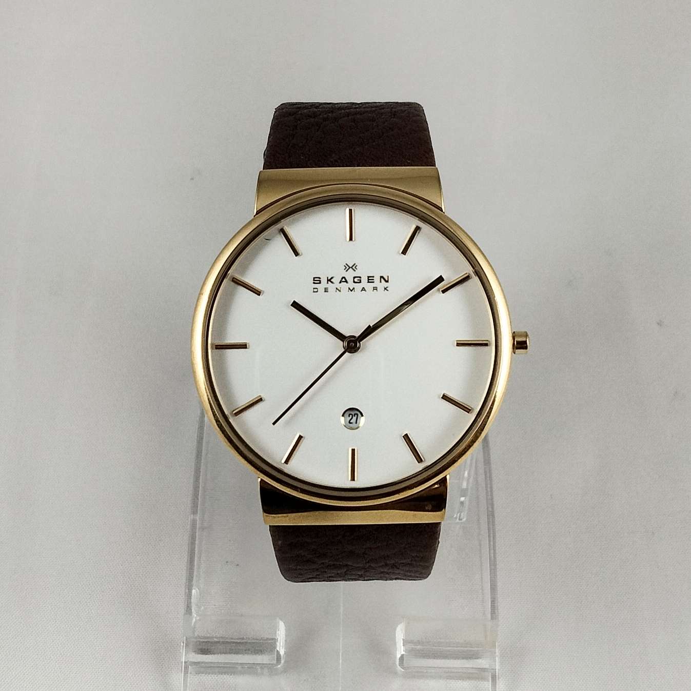 Skagen Oversized Men's Gold Tone Watch, Genuine Leather Strap