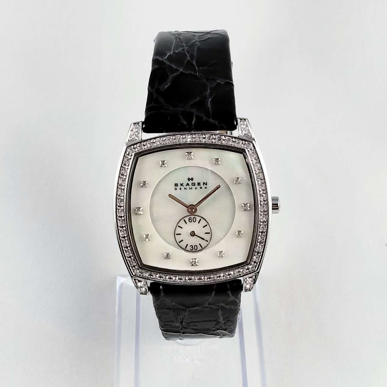 Skagen Unisex Watch, Mother of Pearl Dial, Black Genuine Patent Leather Strap