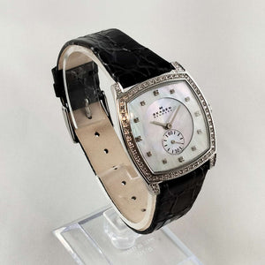 Skagen Unisex Watch, Mother of Pearl Dial, Black Genuine Patent Leather Strap