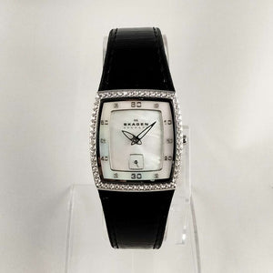 Skagen Unisex Watch, Mother of Pearl Dial with Jewel Details, Black Genuine Patent Leather Strap