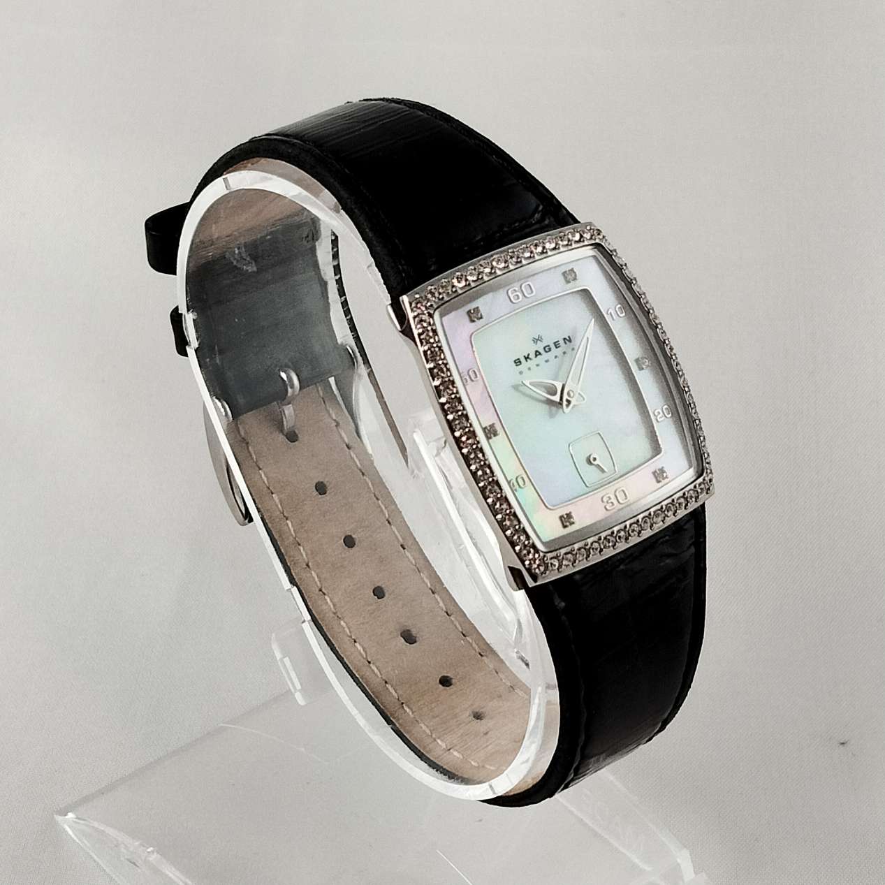 Skagen Unisex Watch, Mother of Pearl Dial with Jewel Details, Black Genuine Patent Leather Strap