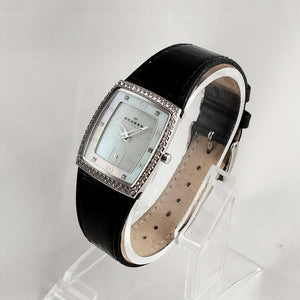 Skagen Unisex Watch, Mother of Pearl Dial with Jewel Details, Black Genuine Patent Leather Strap