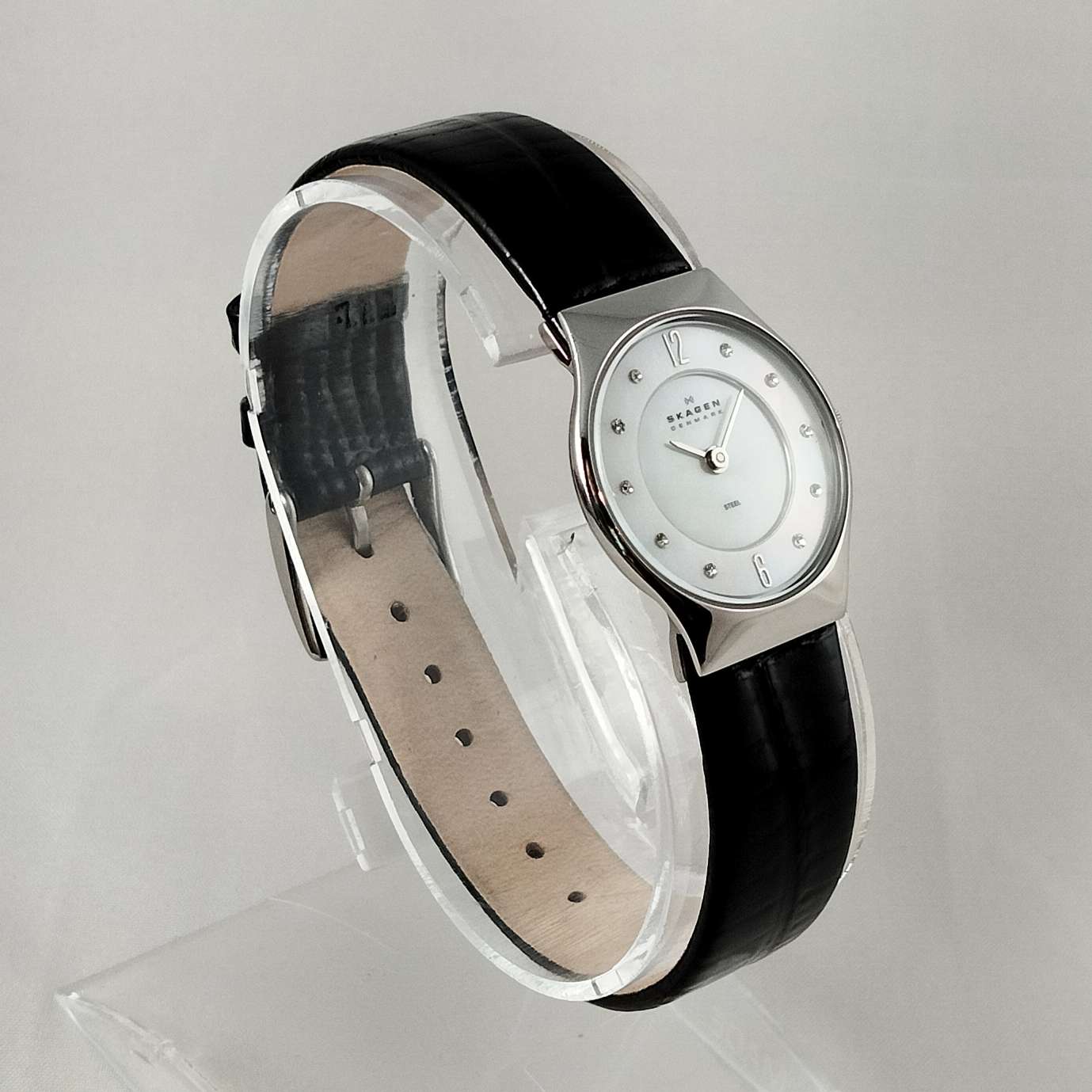 Skagen Women's Watch, Mother of Pearl Dial, Jewel Hour Markers, Black Genuine Patent Leather Strap