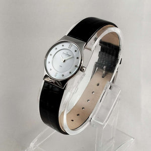 Skagen Women's Watch, Mother of Pearl Dial, Jewel Hour Markers, Black Genuine Patent Leather Strap