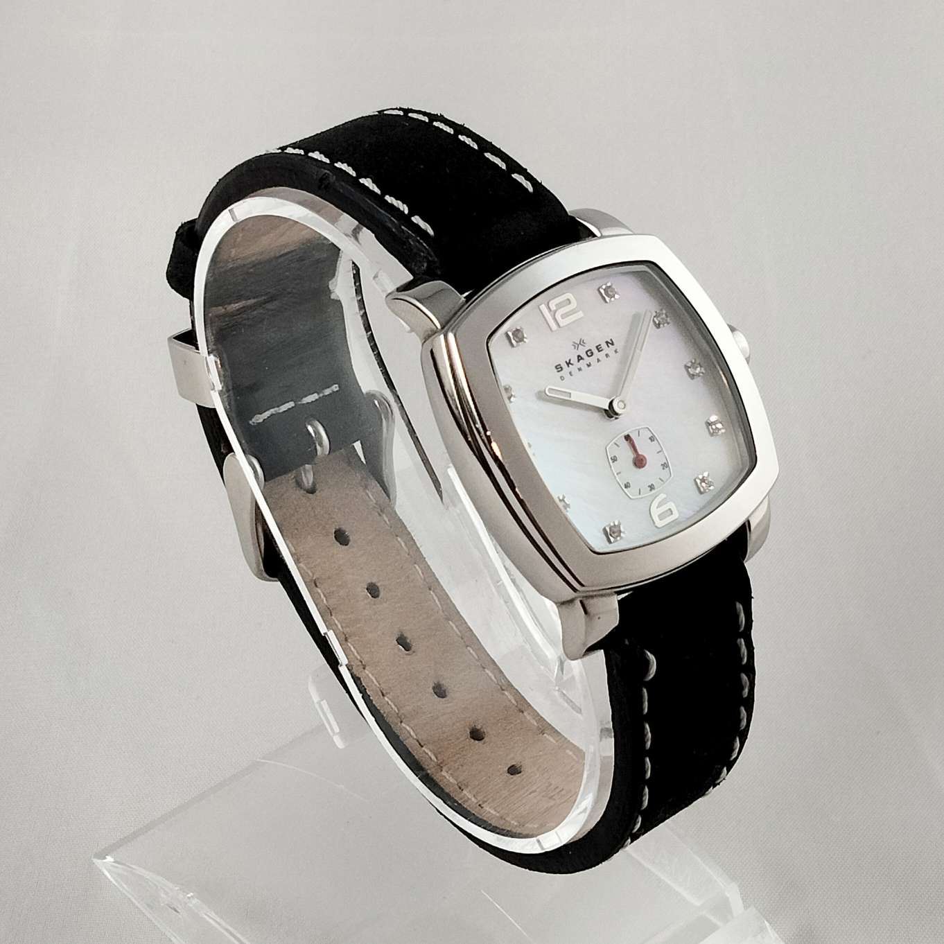 Skagen Unisex Watch, Mother of Pearl Dial with Jewel Hour Markers, Black Suede Strap