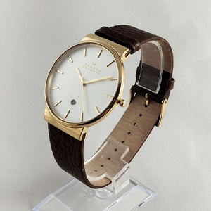 Skagen Oversized Watch, White Dial, Gold Tone Details, Brown Genuine Leather Strap