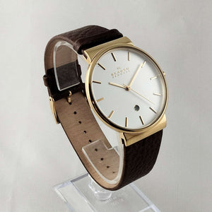Skagen Oversized Watch, White Dial, Gold Tone Details, Brown Genuine Leather Strap