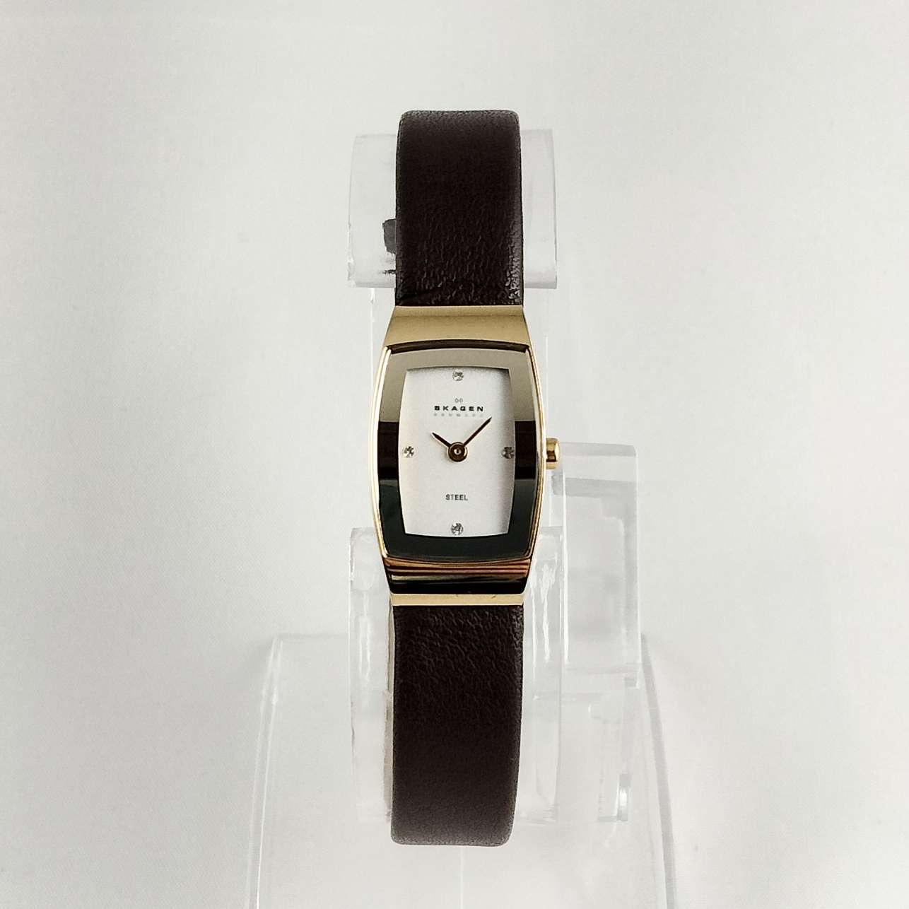 Skagen Petite Watch, Jewel and Gold Tone Details, Brown Genuine Leather Strap