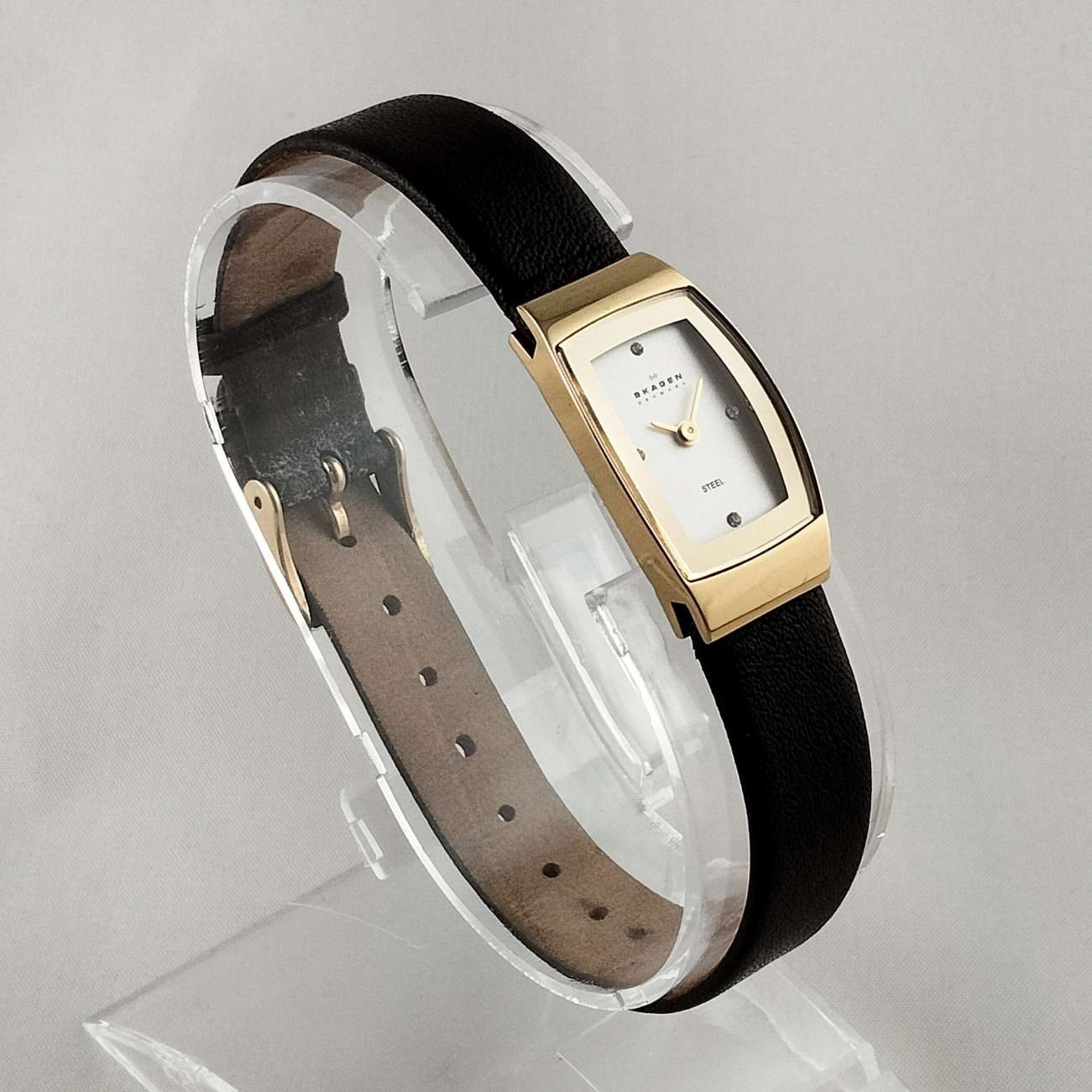 Skagen Petite Watch, Jewel and Gold Tone Details, Brown Genuine Leather Strap