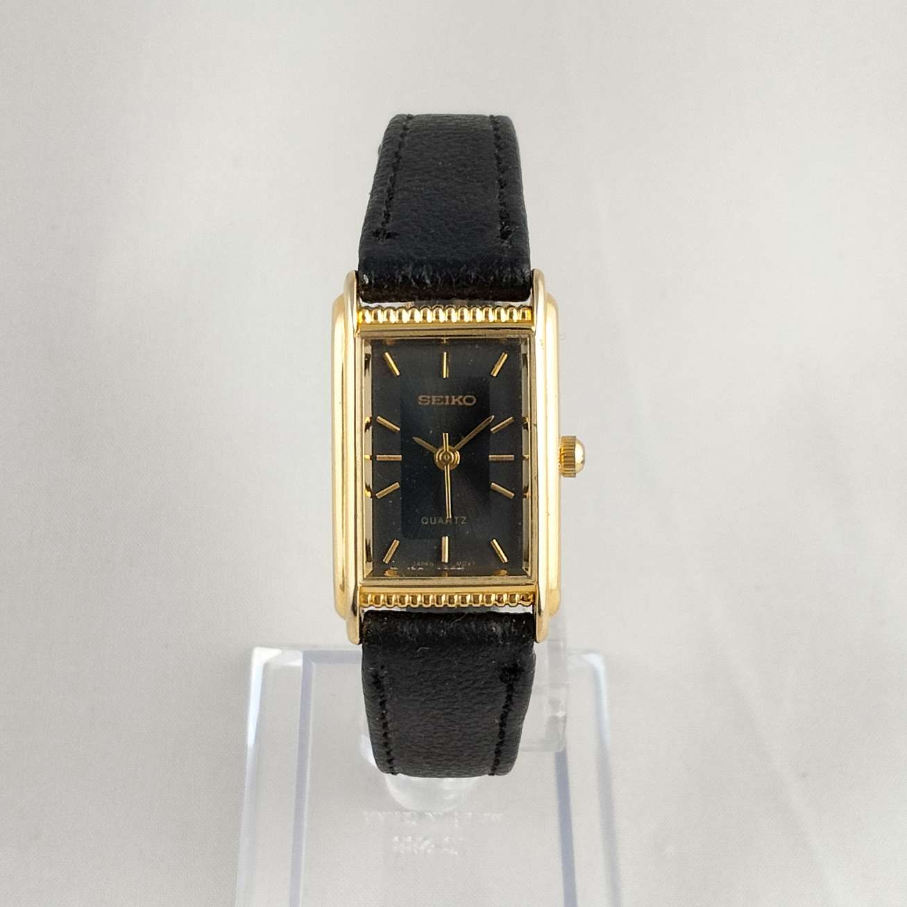 Seiko Women's Watch, Black Rectangular Dial, Black Leather Strap