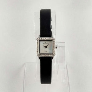 Skagen Women's Petite Watch, Mother of Pearl Dial, Black Genuine Leather Strap