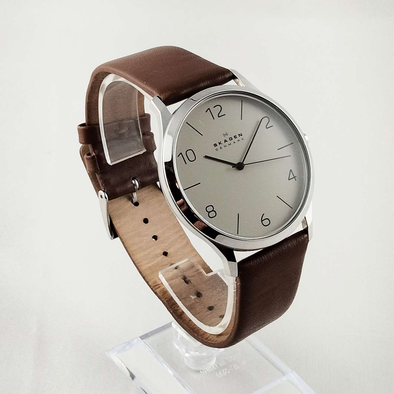 Skagen Oversized Watch, Light Grey Dial, Brown Genuine Leather Strap