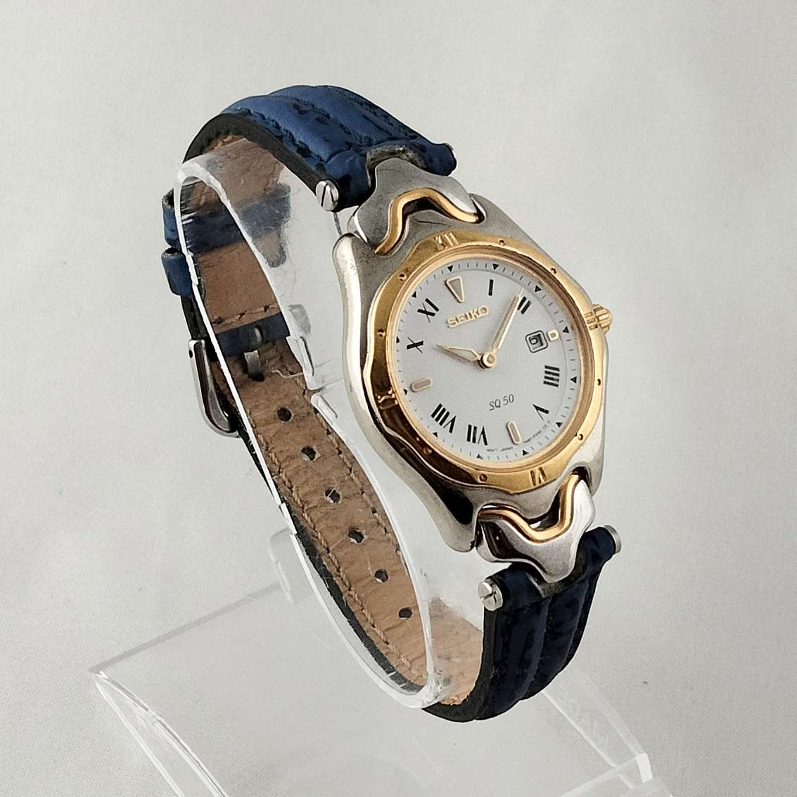 Seiko Unisex Watch, White Dial, Blue and Black Leather Strap