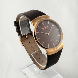 Skagen Oversized Watch, Rose Gold Tone Details, Genuine Leather Strap