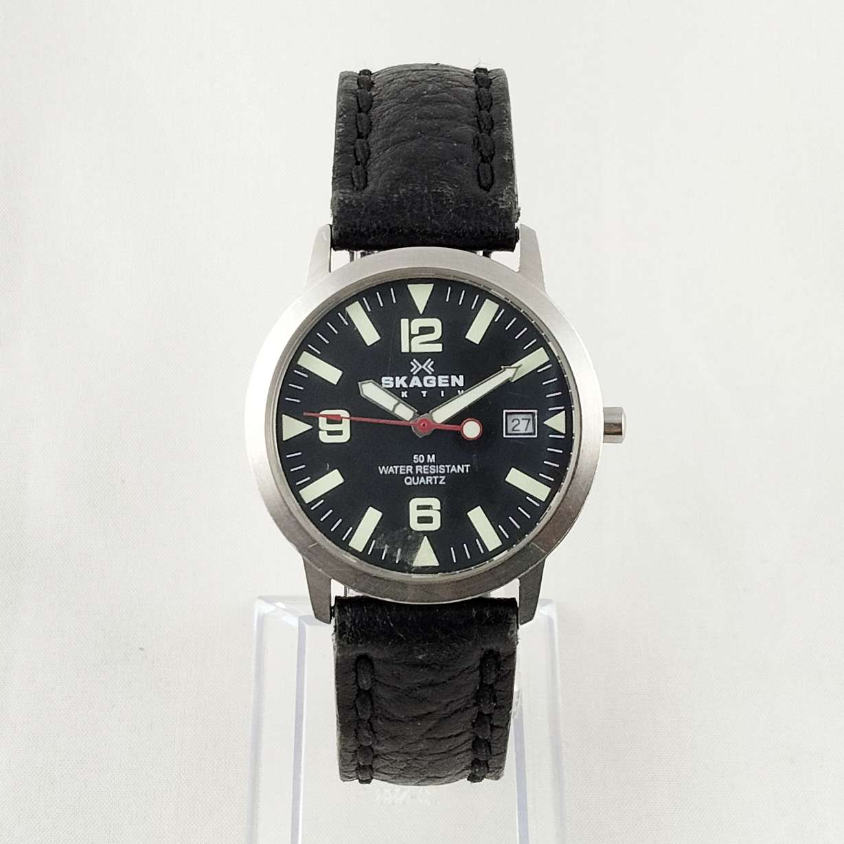 Skagen Men's Watch, Glow in the Dark Details, Black Genuine Leather Strap