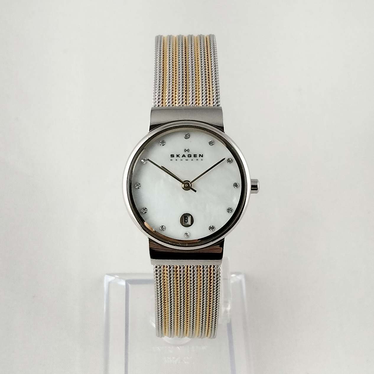 Skagen Watch, Mother of Pearl Dial, Jewel Hour Markers, Mesh Strap