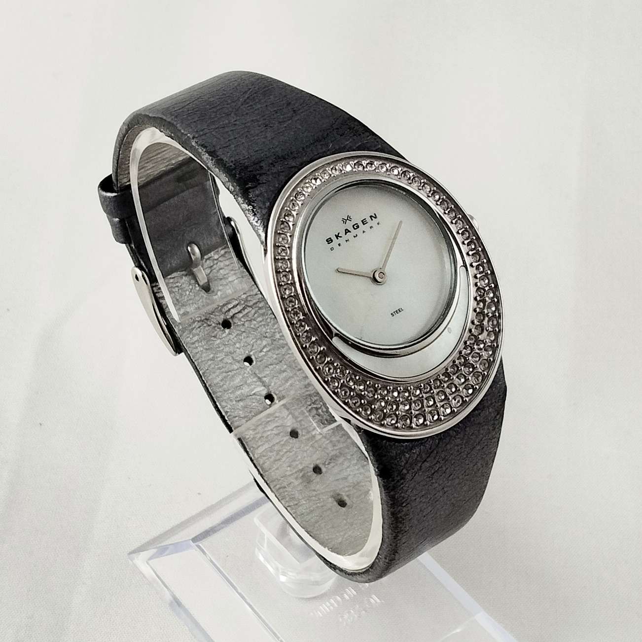 Skagen Women's Watch, Unique Jeweled Face Design, Dark Gray Leather Strap