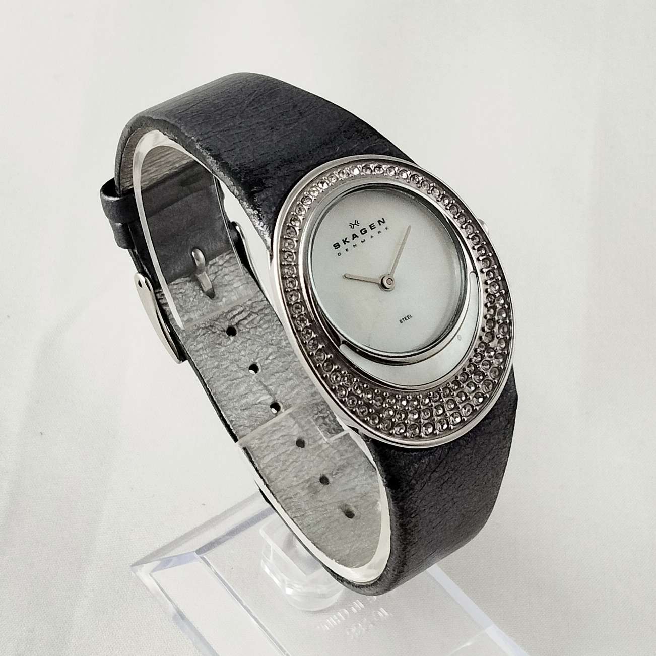 Skagen Women's Watch, Unique Face Design, Dark Gray Leather Strap
