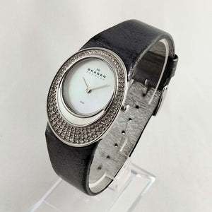 Skagen Women's Watch, Unique Jeweled Face Design, Dark Gray Leather Strap