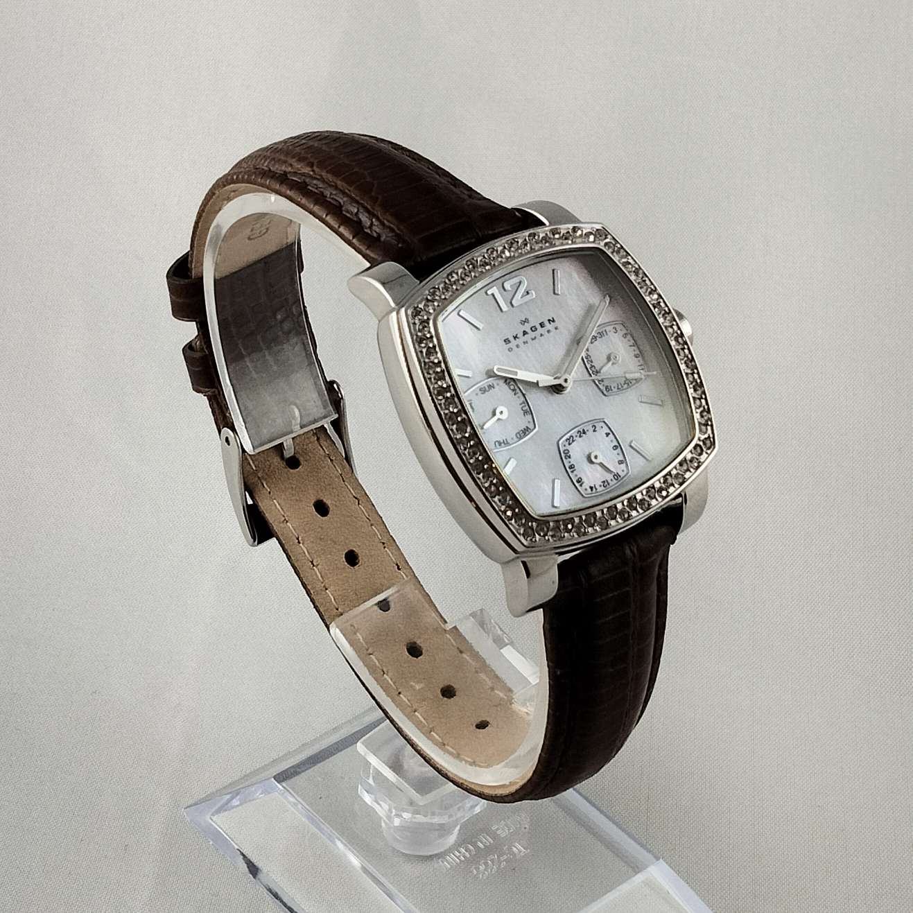 Skagen Unisex Watch, Square Mother of Pearl Dial, Brown Genuine Leather Strap