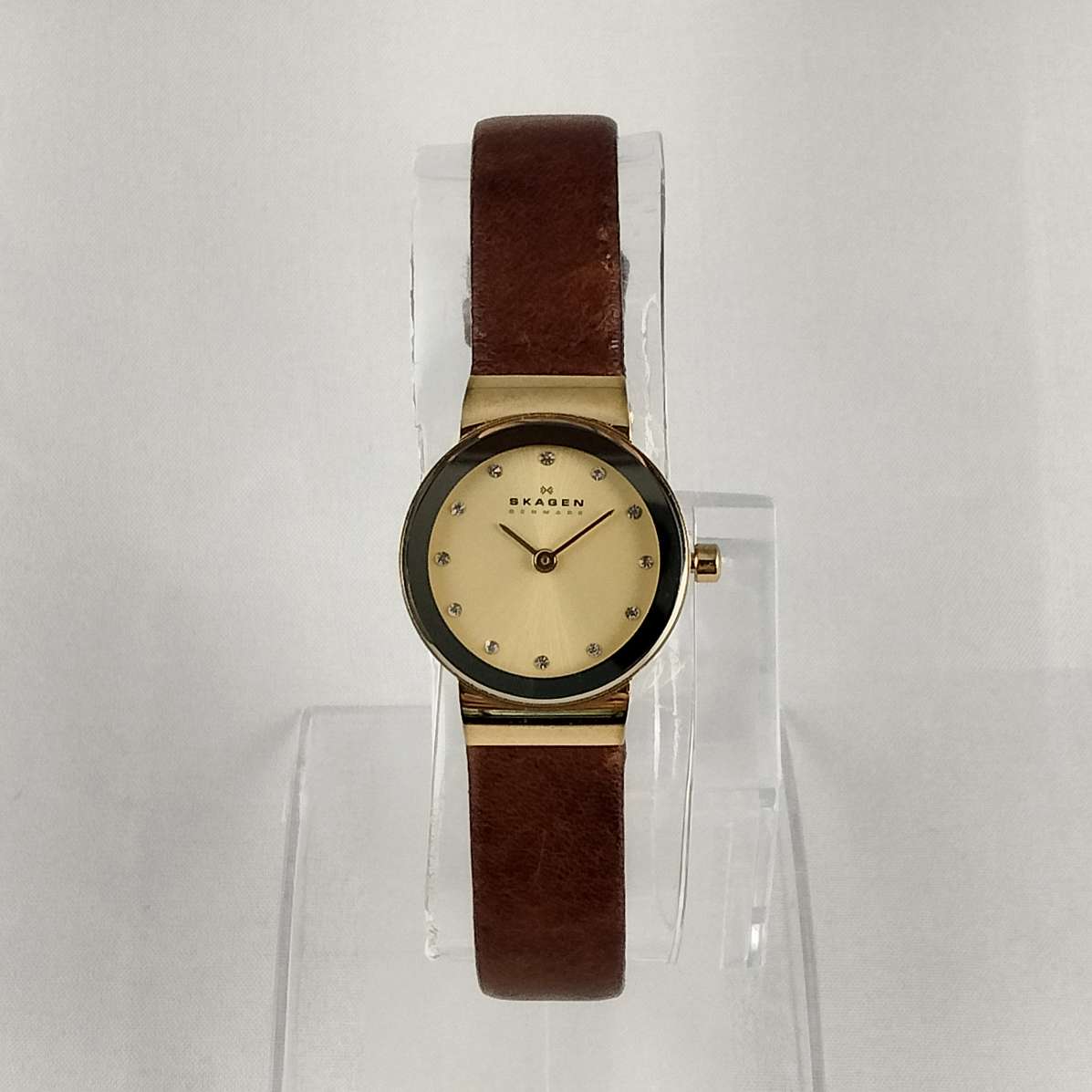Skagen Petite Watch, Jewel Details, Brown Genuine Leather Strap