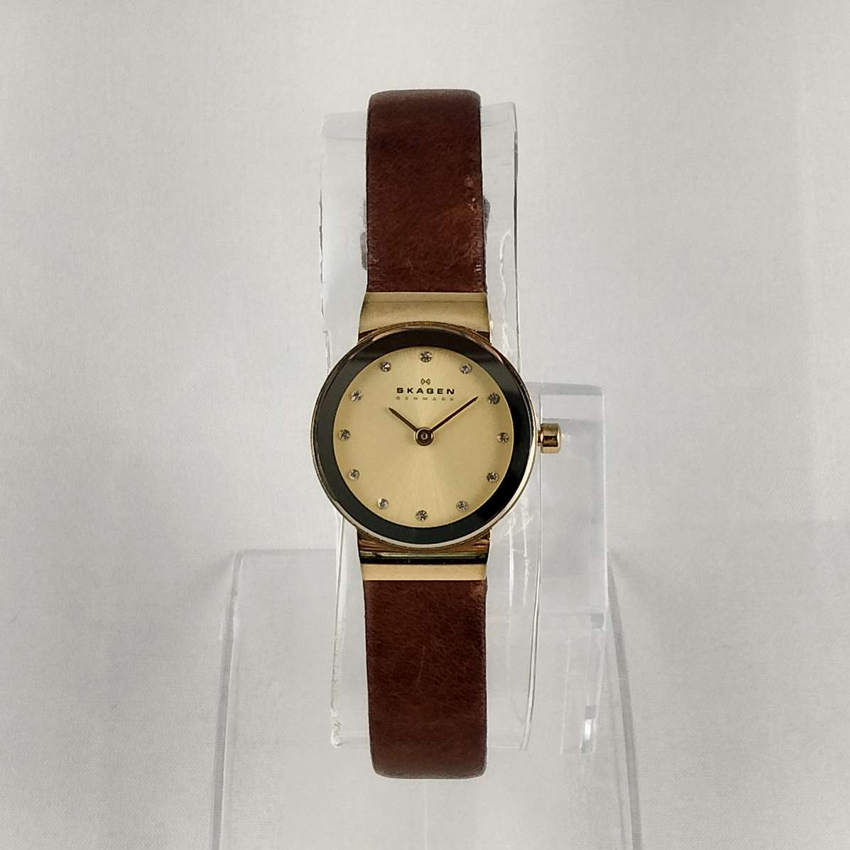 Skagen Petite Watch, Jewel Details, Brown Genuine Leather Strap