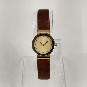 Skagen Petite Watch, Jewel Details, Brown Genuine Leather Strap