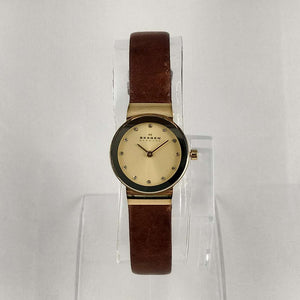 Skagen Petite Watch, Jewel Details, Brown Genuine Leather Strap