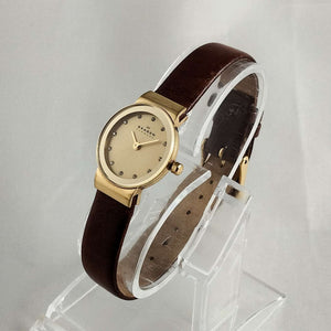 Skagen Petite Watch, Jewel Details, Brown Genuine Leather Strap
