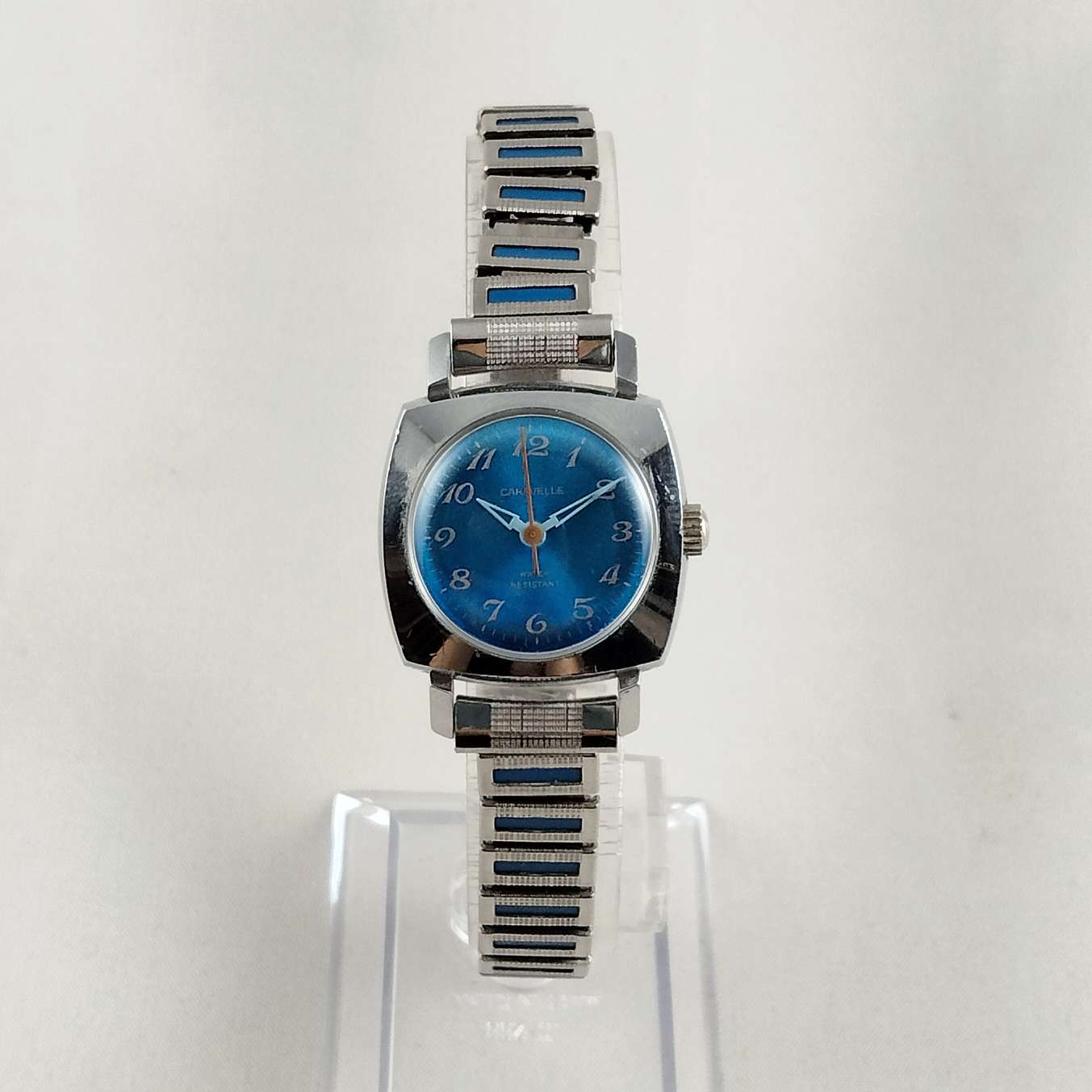 Carvelle by Bulova Watch, Silver Tone, Shiny Blue Dial, Wind Up, Stretch Strap with Inset Blue Detail