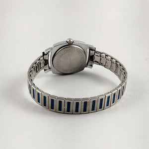 Carvelle by Bulova Watch, Silver Tone, Shiny Blue Dial, Wind Up, Stretch Strap with Inset Blue Detail