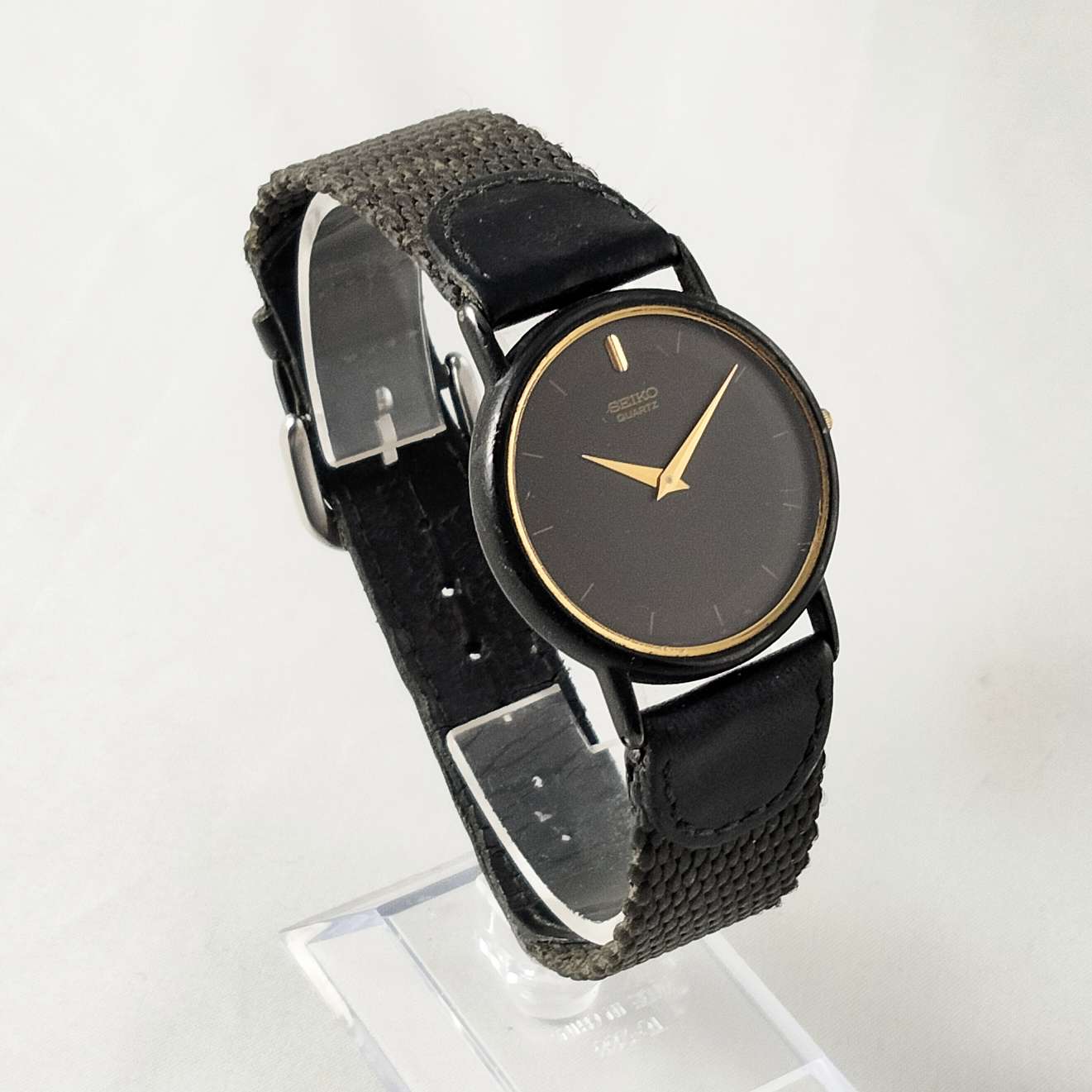 Seiko Watch, Black Dial, Leather and Fabric Strap