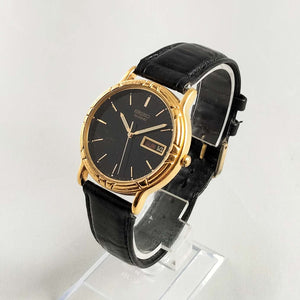 Seiko Oversized Watch, Gold Tone Details, Black Leather Strap