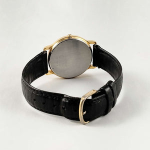 Seiko Oversized Watch, Gold Tone Details, Black Leather Strap