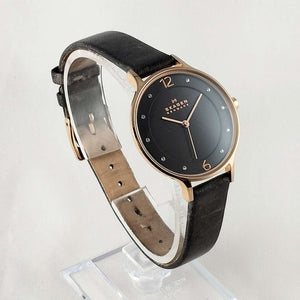 Skagen Women's Watch, Black Dial, Rose Gold Tone Details, Genuine Leather Strap