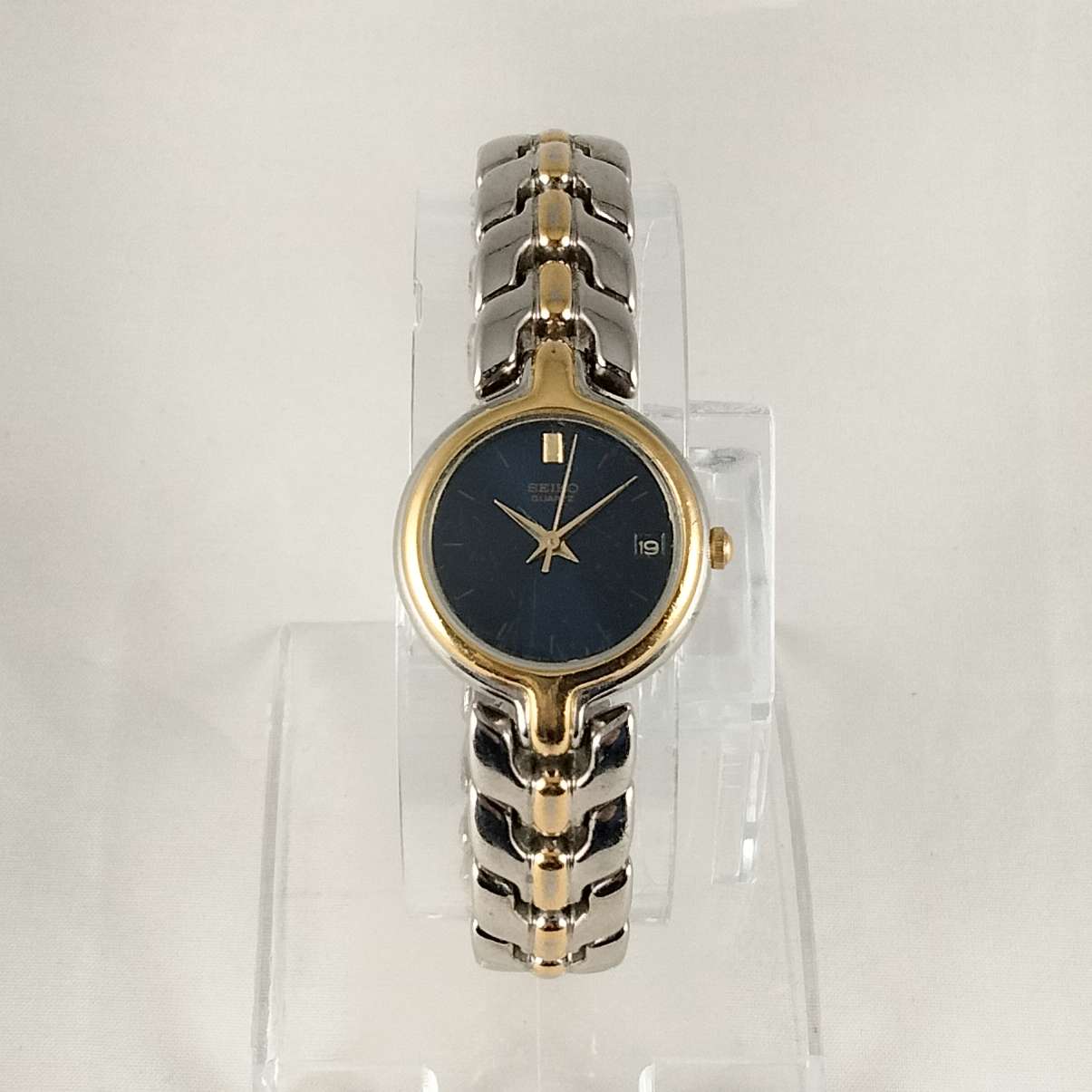 Seiko Quartz Watch, Navy Dial, Silver and Gold Tone Details, Bracelet Strap