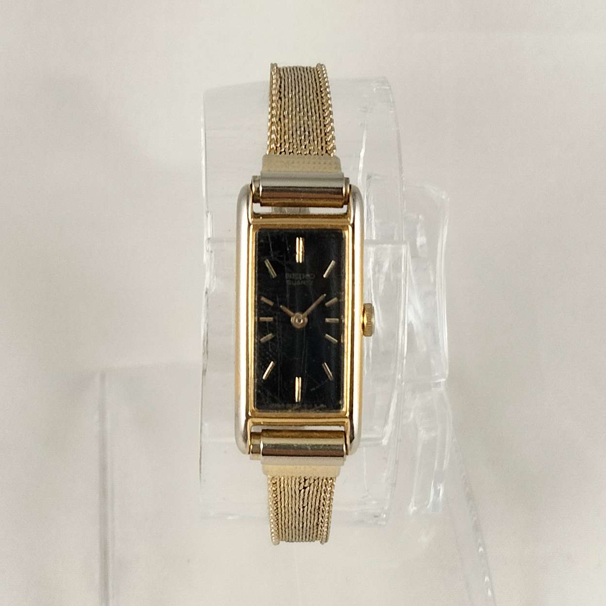 Seiko Quartz Petite Watch, Black Rectangular Dial, Mesh Strap