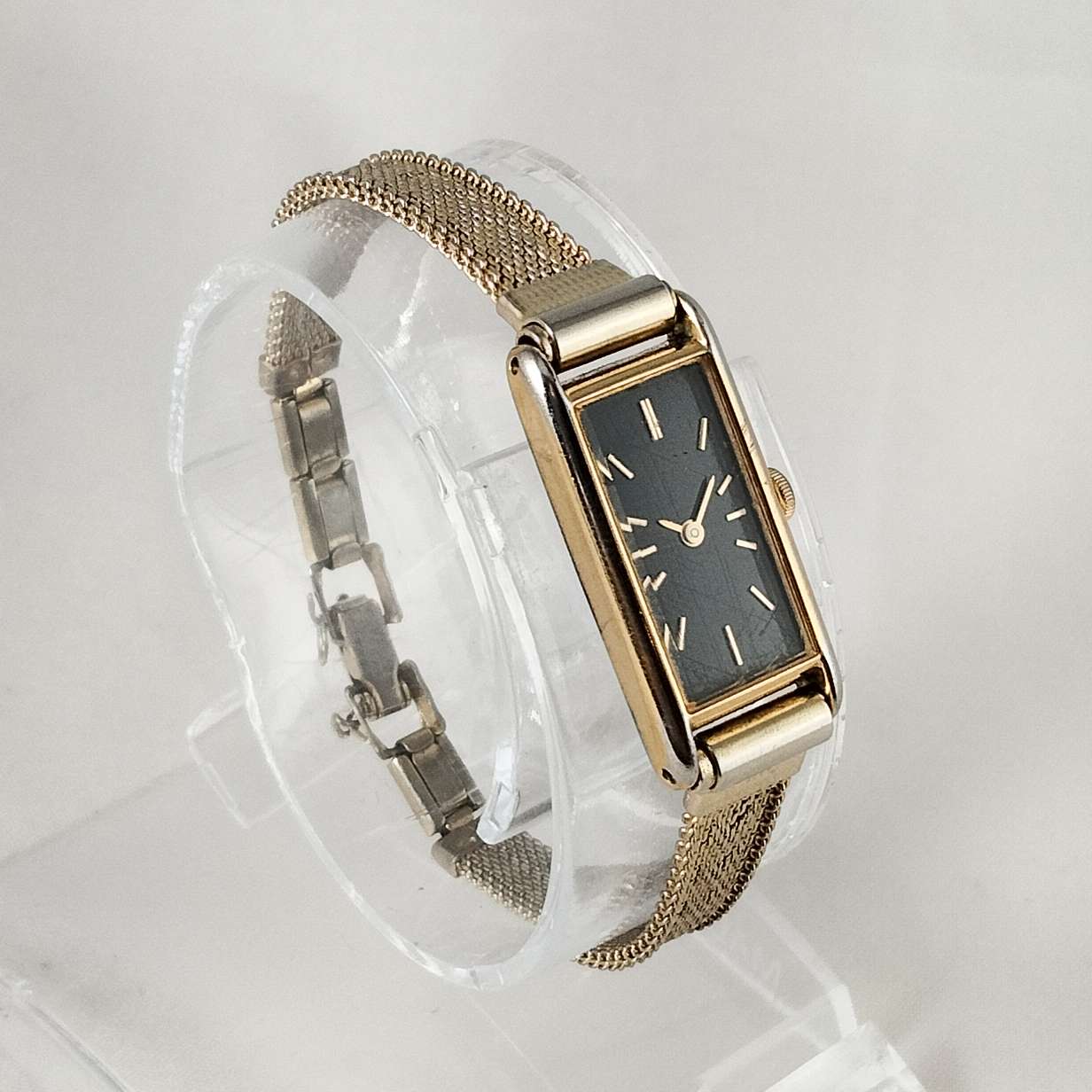 Seiko Quartz Petite Watch, Black Rectangular Dial, Mesh Strap