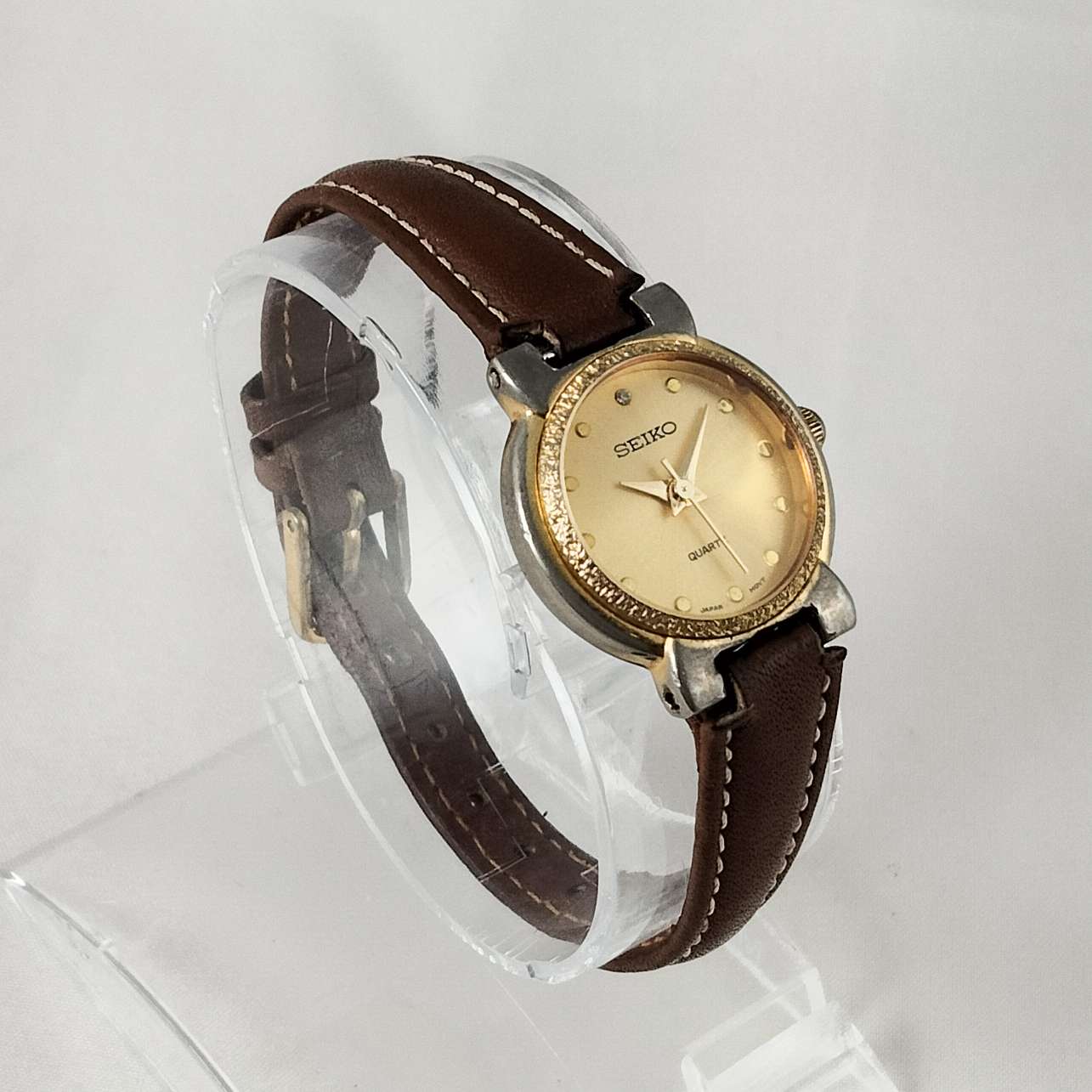 Seiko Sonic Quartz Watch, Textured Bezel Detail, Brown Leather Strap