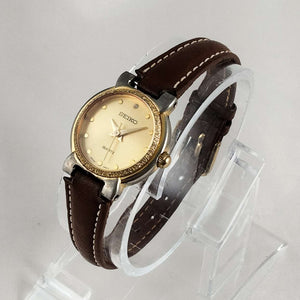 Seiko Sonic Quartz Watch, Textured Bezel Detail, Brown Leather Strap