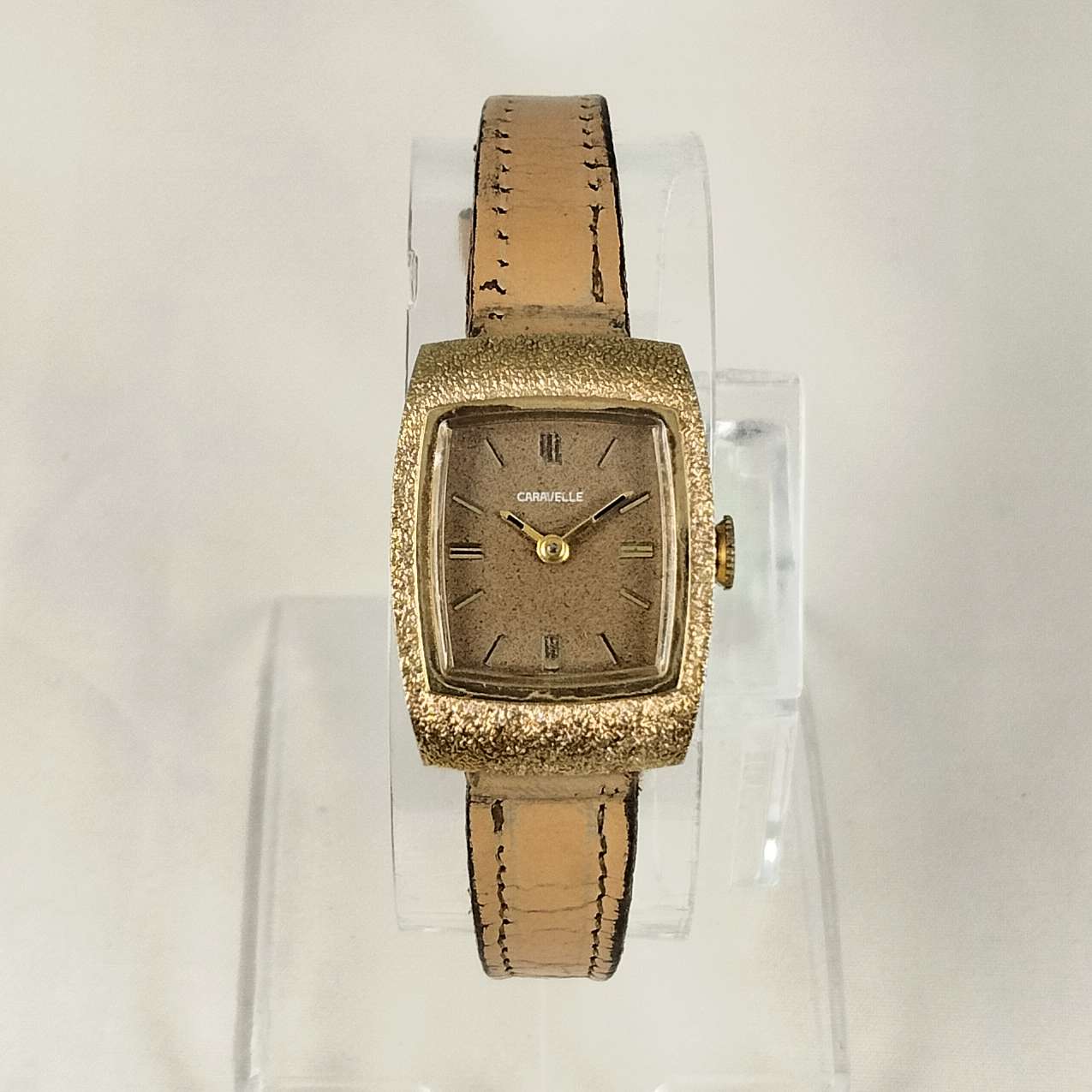 Caravelle by Bulova Watch, Textured Bezel Light Tan Leather Strap