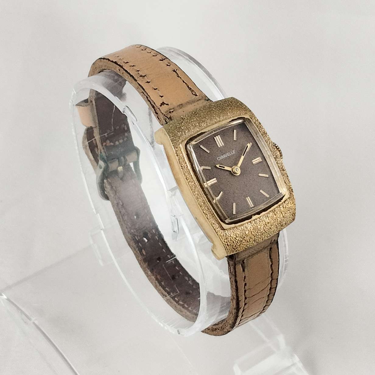 Caravelle by Bulova Watch, Textured Bezel Light Tan Leather Strap