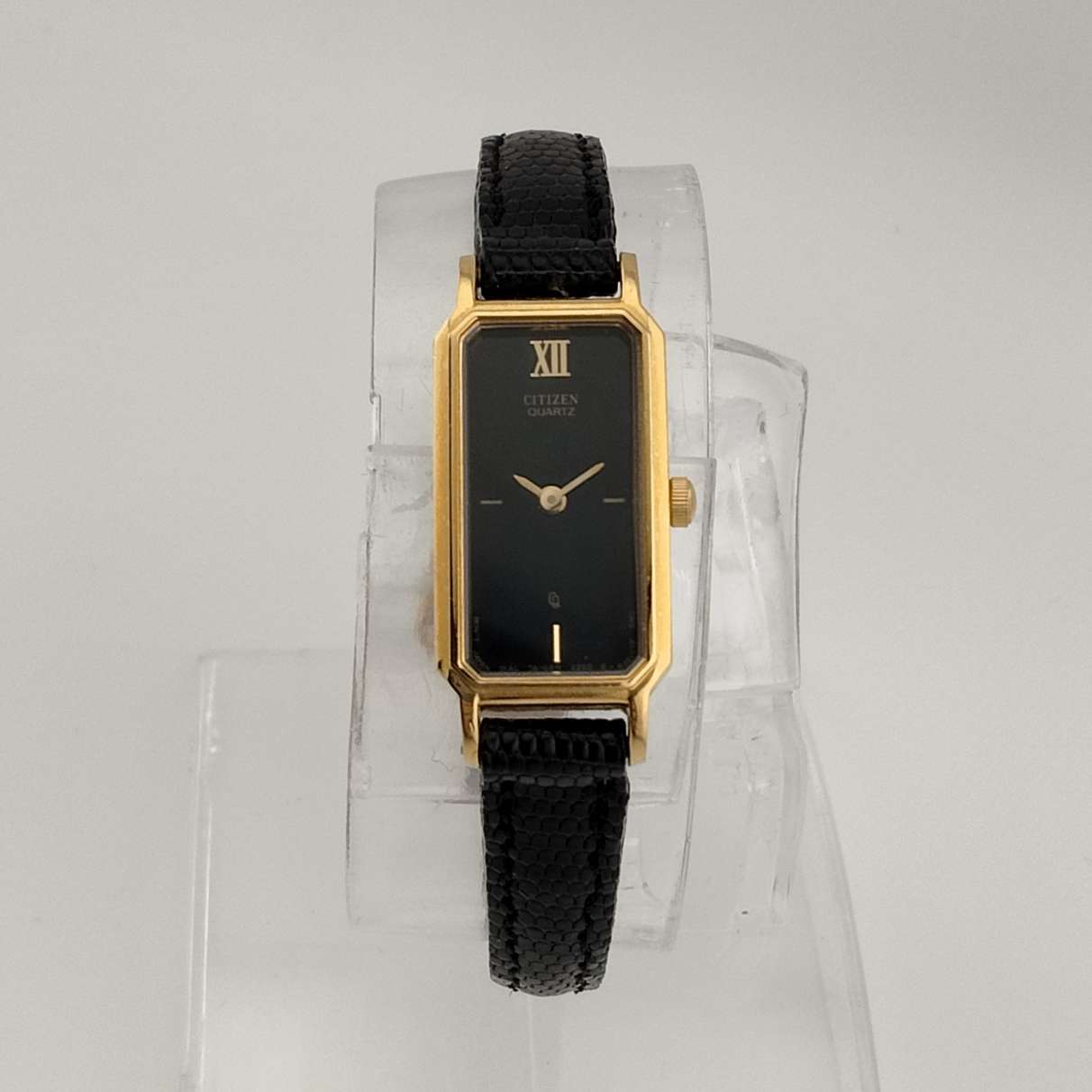 Citizen Petite Quartz, Gold Tone Watch, Black Elongated Rectangle Dial, Lizard Strap