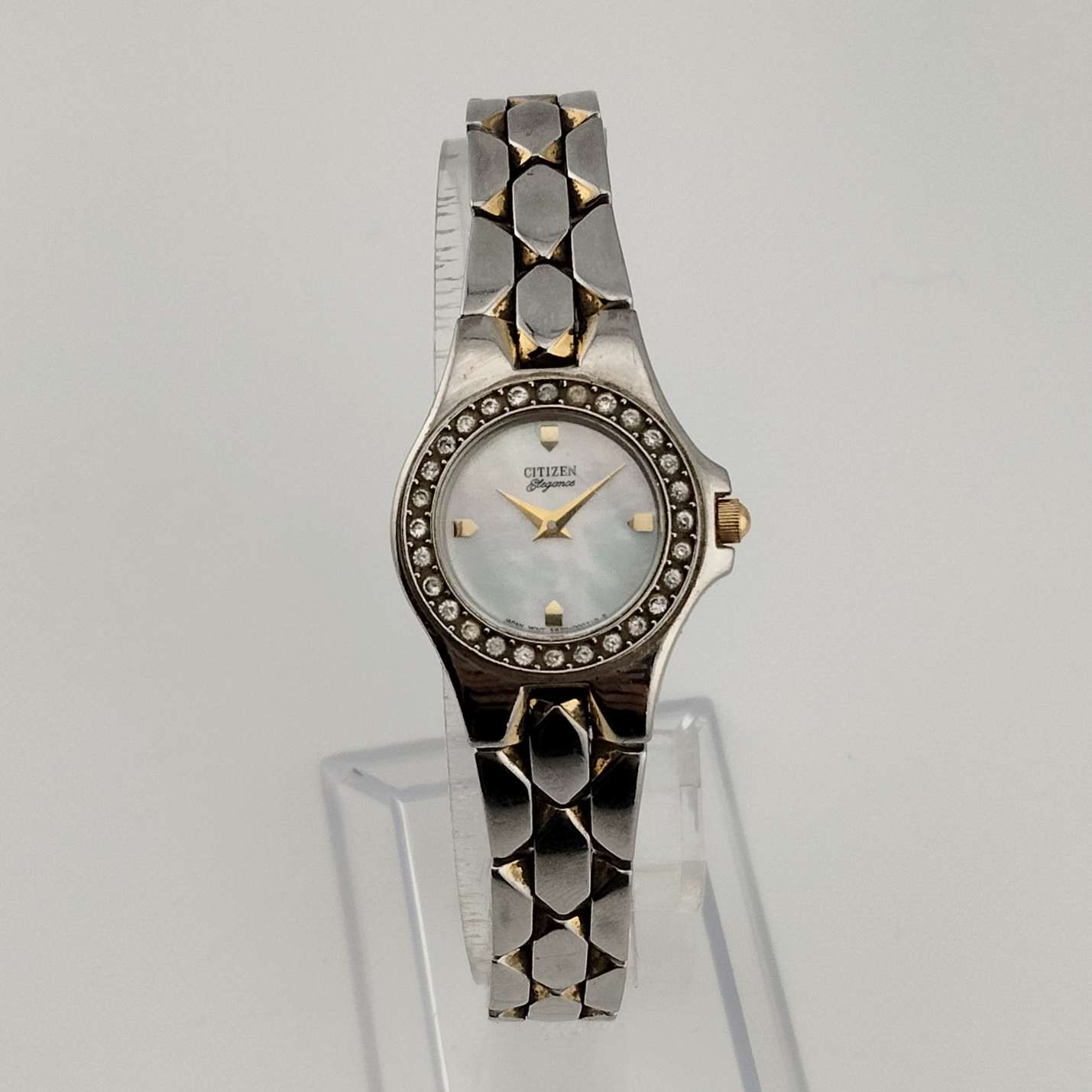 Citizen Round Women's Silver Tone Watch, Mother of Pearl Dial, Bejeweled Bezel, Link Strap