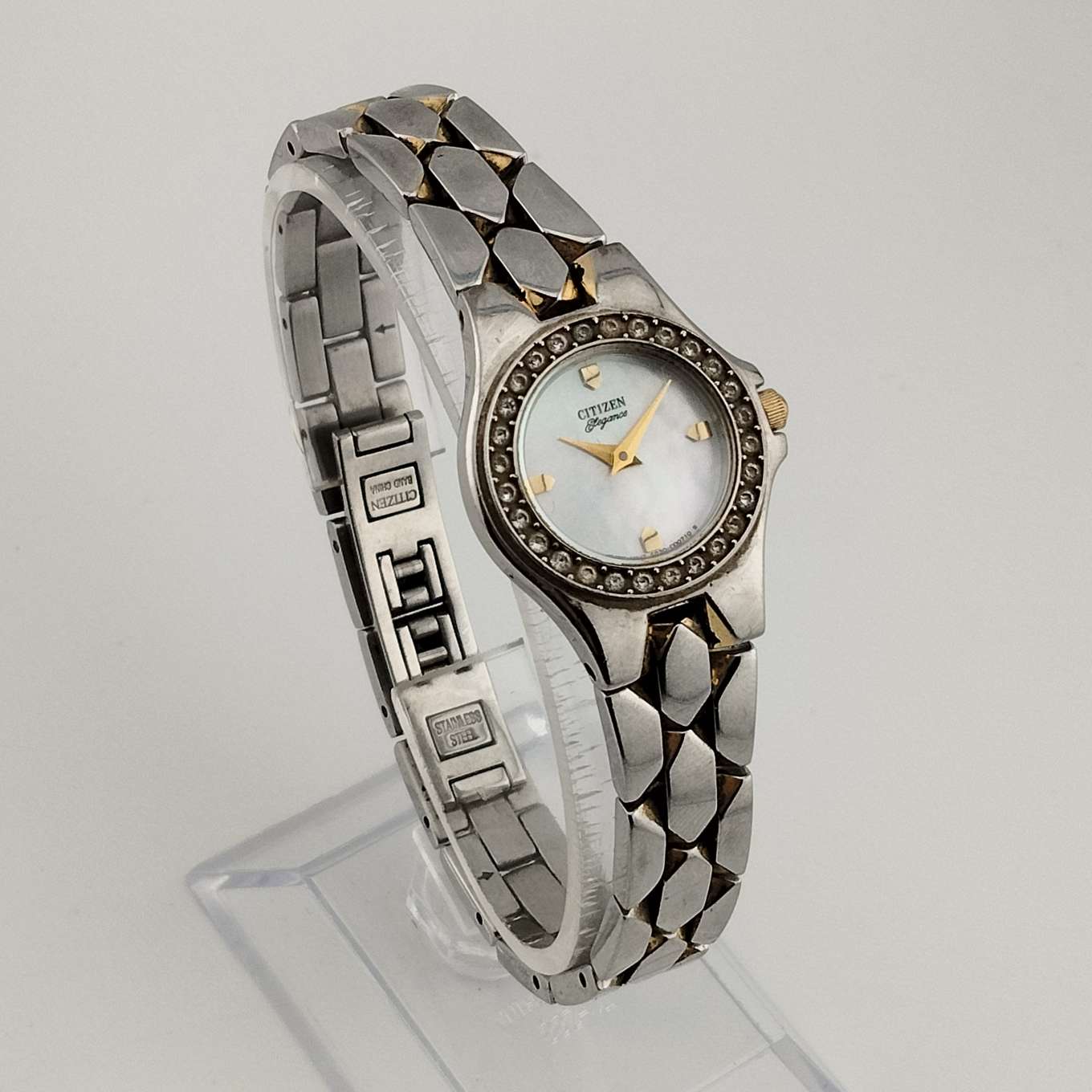 Citizen Round Women's Silver Tone Watch, Mother of Pearl Dial, Bejeweled Bezel, Link Strap