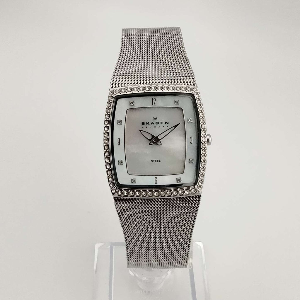 時計 SKAGEN WATCH Skagen Silver Tone Watch, Square Mother of Pearl Dial