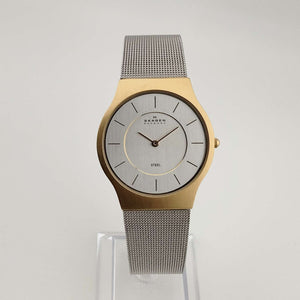 Skagen Men's Silver Tone Watch, Gold Tone Details, Adjustable Mesh Strap